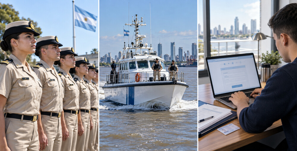 Personal joven de Prefectura formado, embarcación de la fuerza en el Río de la Plata y postulante realizando la inscripción digital al concurso de ingreso.