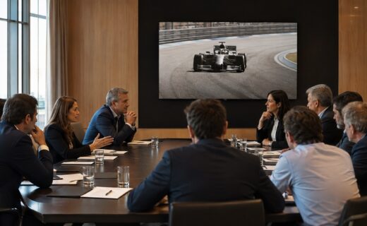 Representantes del automovilismo reunidos en Buenos Aires durante un encuentro institucional con un monoplaza de competición proyectado en pantalla.