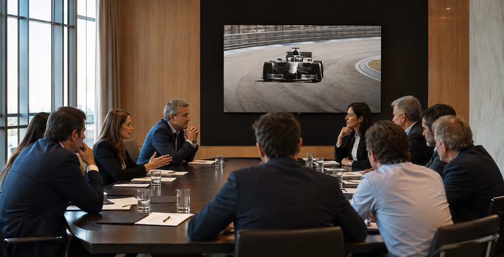 Representantes del automovilismo reunidos en Buenos Aires durante un encuentro institucional con un monoplaza de competición proyectado en pantalla.
