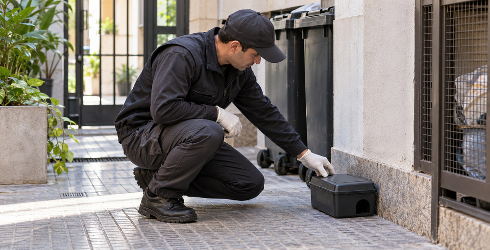 Control de roedores en CABA: un trabajador revisa una estación de control junto al sector de residuos de un edificio, en el marco de las nuevas medidas de prevención para inmuebles y comercios.