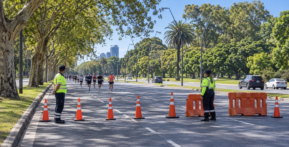 Corte de tránsito sobre la avenida Figueroa Alcorta con agentes, conos de seguridad y corredores durante un evento deportivo en Buenos Aires.