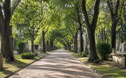 Sendero arbolado rodeado de sepulturas históricas en el Cementerio Británico de Chacarita, donde un proyecto busca autorizar un crematorio.