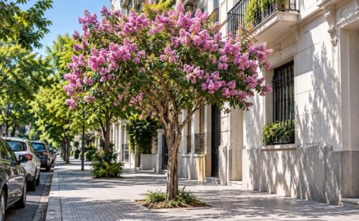 Crespón cubierto de flores rosadas plantado en una vereda residencial de la Ciudad de Buenos Aires durante un día soleado.