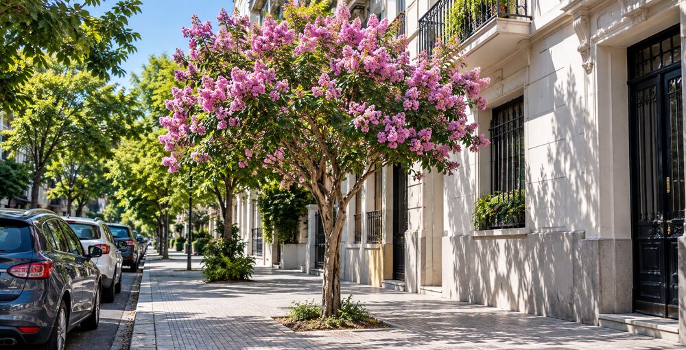 Crespón cubierto de flores rosadas plantado en una vereda residencial de la Ciudad de Buenos Aires durante un día soleado.