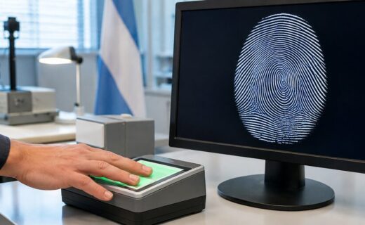 Mano sobre un lector de huellas digitales junto a una pantalla con una impresión dactilar y colores de la Argentina.