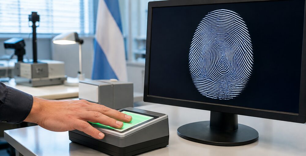Mano sobre un lector de huellas digitales junto a una pantalla con una impresión dactilar y colores de la Argentina.
