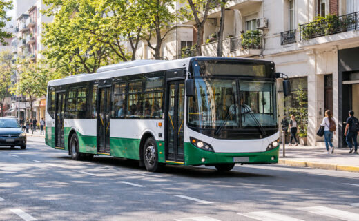 Colectivo urbano circulando por una avenida arbolada de Buenos Aires, con pasajeros a bordo y peatones en la vereda, para una nota sobre el Día del Colectivero.