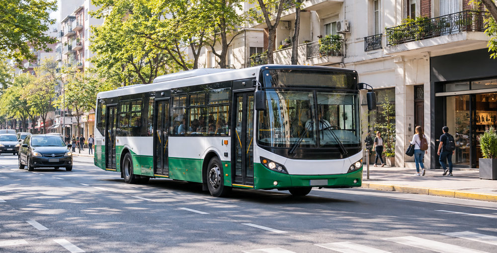 Colectivo urbano circulando por una avenida arbolada de Buenos Aires, con pasajeros a bordo y peatones en la vereda, para una nota sobre el Día del Colectivero.