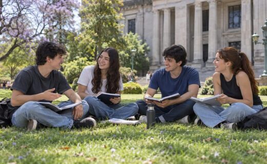 Estudiantes universitarios reunidos con libros en un espacio verde de Buenos Aires durante la celebración del Día del Estudiante.
