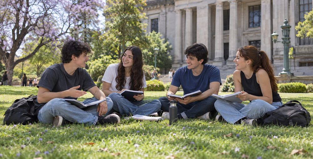Estudiantes universitarios reunidos con libros en un espacio verde de Buenos Aires durante la celebración del Día del Estudiante.