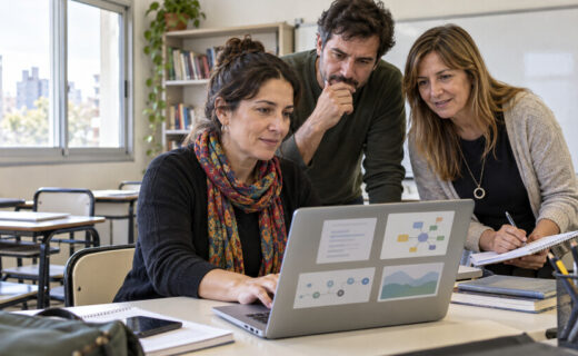 Docentes porteños trabajan con una computadora durante una capacitación sobre inteligencia artificial aplicada al aula.