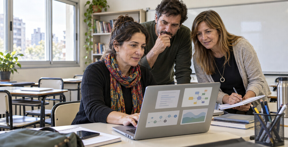 Docentes porteños trabajan con una computadora durante una capacitación sobre inteligencia artificial aplicada al aula.
