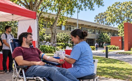 Campaña abierta de donación de sangre frente a la Facultad de Ciencias Veterinarias de la UBA, en avenida Chorroarín, Ciudad de Buenos Aires.