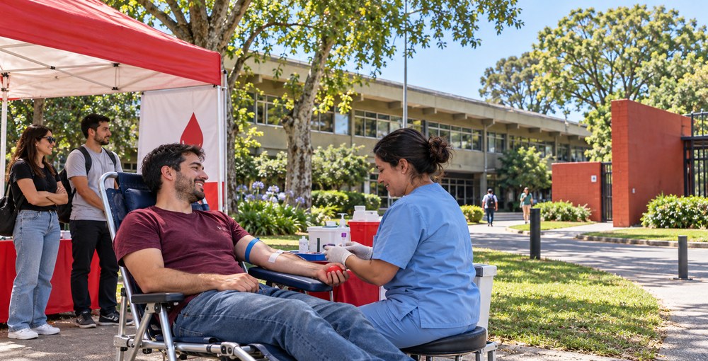 Campaña abierta de donación de sangre frente a la Facultad de Ciencias Veterinarias de la UBA, en avenida Chorroarín, Ciudad de Buenos Aires.