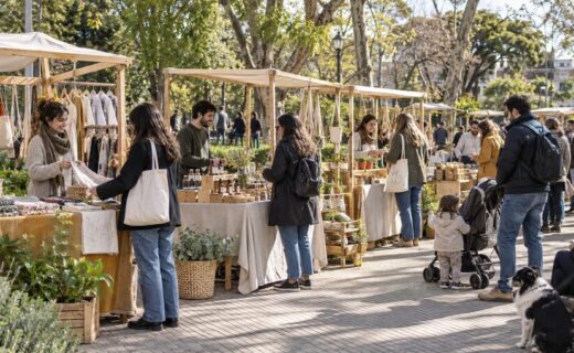 Eco Feria Ofelia en una plaza de Colegiales con puestos de productos sustentables, emprendimientos locales y vecinos recorriendo el espacio.