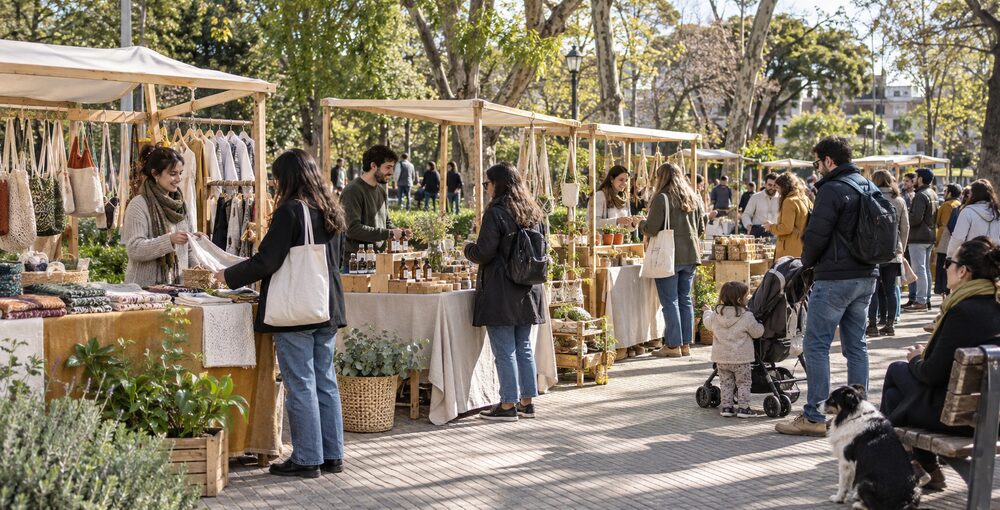 Eco Feria Ofelia en una plaza de Colegiales con puestos de productos sustentables, emprendimientos locales y vecinos recorriendo el espacio.