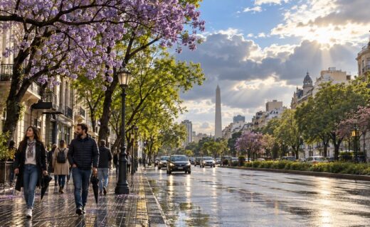 Cielo con nubosidad variable y claros sobre una avenida porteña mojada al comenzar la primavera bajo condiciones de El Niño.