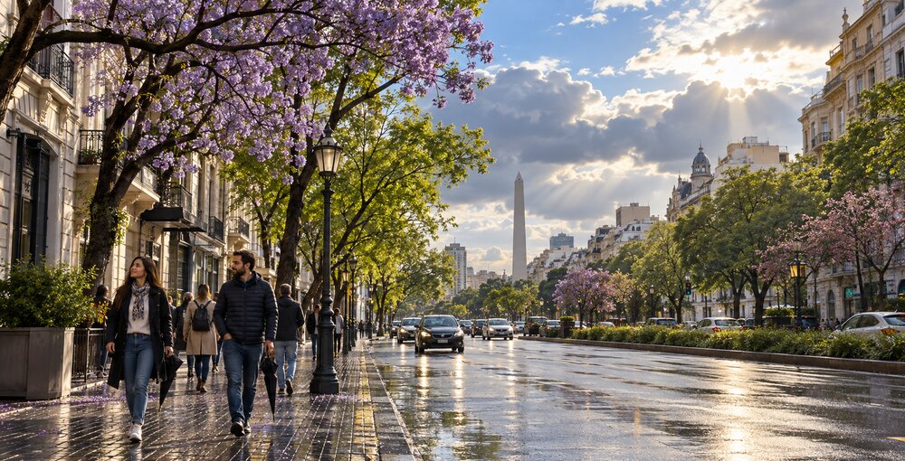 Cielo con nubosidad variable y claros sobre una avenida porteña mojada al comenzar la primavera bajo condiciones de El Niño.