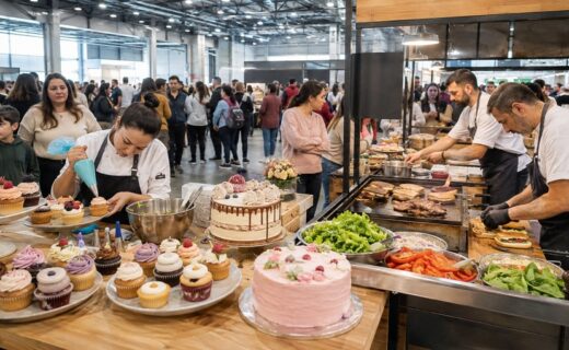 Puestos de Expo Cupcakes y Food Fest con pastelería y comidas saladas durante una feria gastronómica en La Rural.