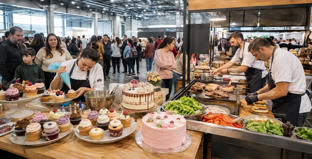 Puestos de Expo Cupcakes y Food Fest con pastelería y comidas saladas durante una feria gastronómica en La Rural.