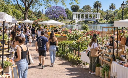 Feria de gastronomía y diseño en el Rosedal de Palermo, con puestos de comida, artesanías y productos de emprendedores junto al lago y el puente blanco.