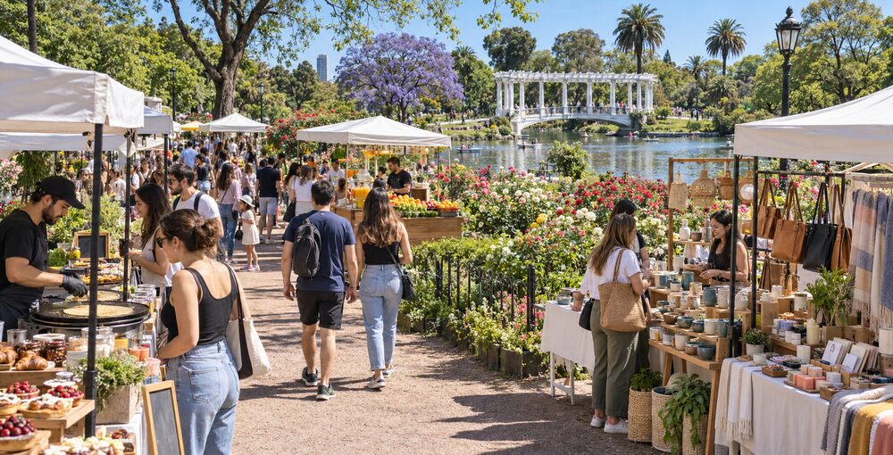 Feria de gastronomía y diseño en el Rosedal de Palermo, con puestos de comida, artesanías y productos de emprendedores junto al lago y el puente blanco.