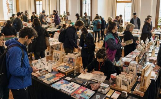 Público recorre los puestos de publicaciones ilustradas del Festival Argentino de Historieta en Buenos Aires mientras una artista dibuja en vivo.