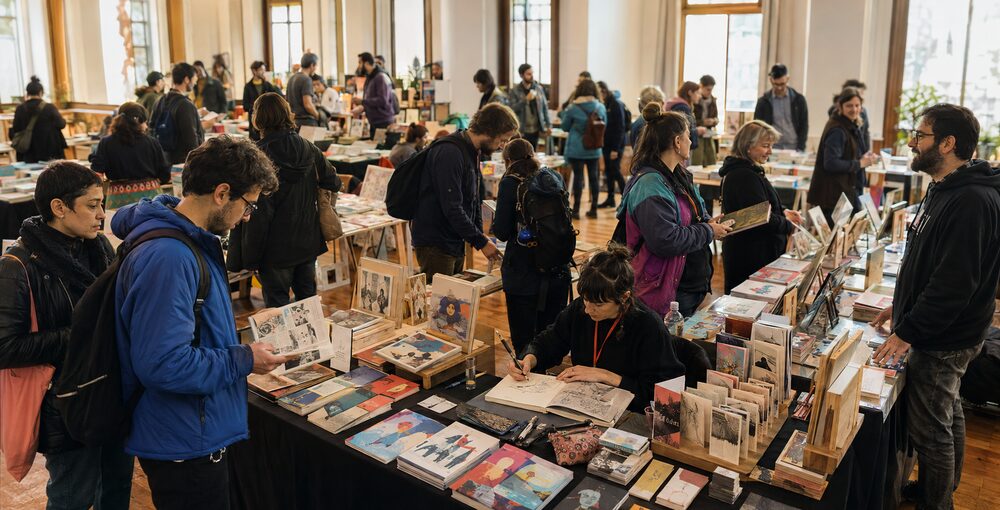 Público recorre los puestos de publicaciones ilustradas del Festival Argentino de Historieta en Buenos Aires mientras una artista dibuja en vivo.
