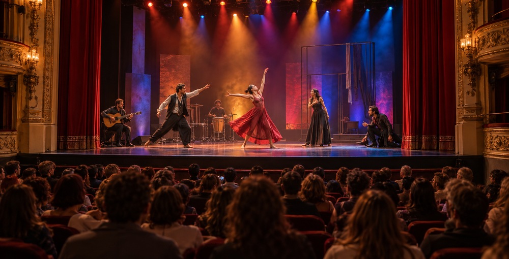 Artistas de teatro, danza y música actúan ante el público durante una presentación escénica que representa el comienzo del FIBA 2026 en Buenos Aires.