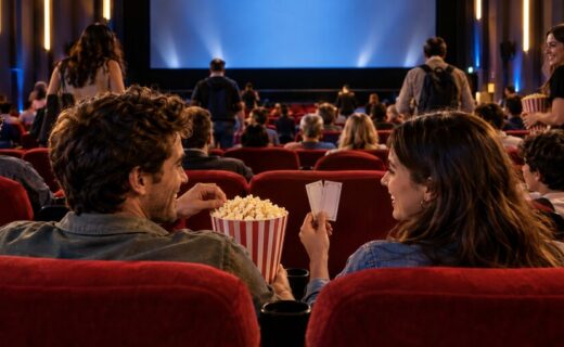 Sala de cine porteña con público, butacas rojas, pochoclos y entradas durante la Fiesta del Cine en Buenos Aires.