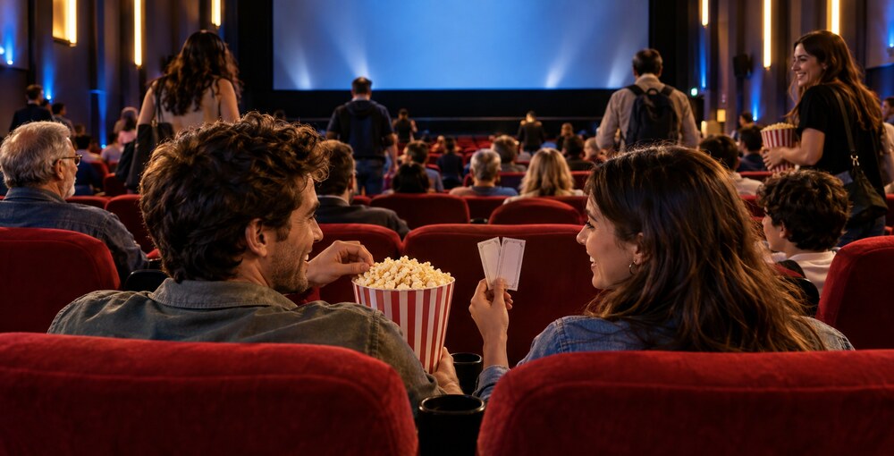 Sala de cine porteña con público, butacas rojas, pochoclos y entradas durante la Fiesta del Cine en Buenos Aires.
