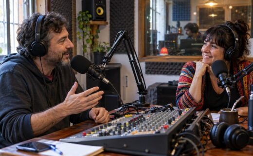 Estudio de radio comunitaria con dos conductores, micrófonos y consola de sonido, en representación del trabajo de FM Bajo Flores.