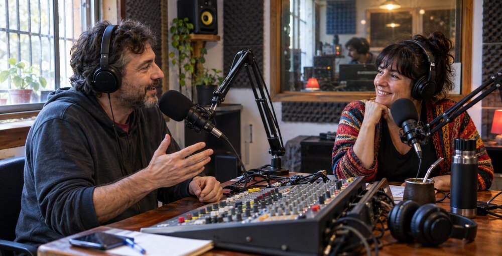 Estudio de radio comunitaria con dos conductores, micrófonos y consola de sonido, en representación del trabajo de FM Bajo Flores.