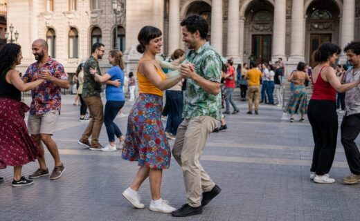 Parejas bailan forró brasileño durante una jornada cultural en la Plaza Seca del Palacio Libertad.