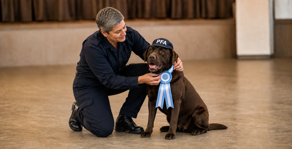 Hela, una labradora chocolate con gorro de la PFA y escarapela argentina, acompañada por una mujer policía de cabello corto y entrecano.