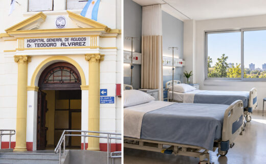 Frente del Hospital Álvarez en Flores junto a una habitación de internación ilustrativa con dos camas.