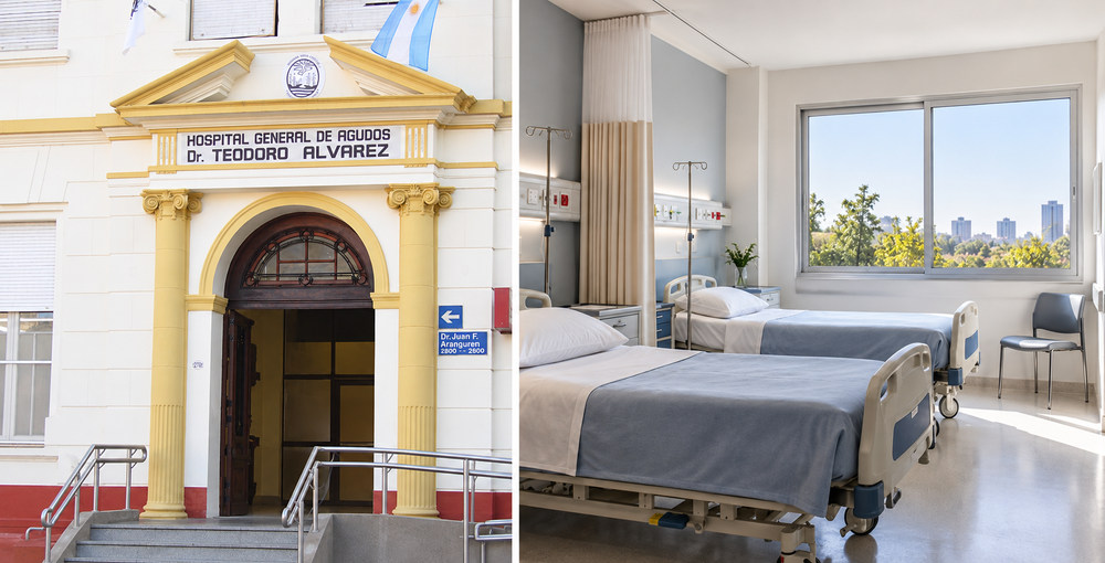 Frente del Hospital Álvarez en Flores junto a una habitación de internación ilustrativa con dos camas.