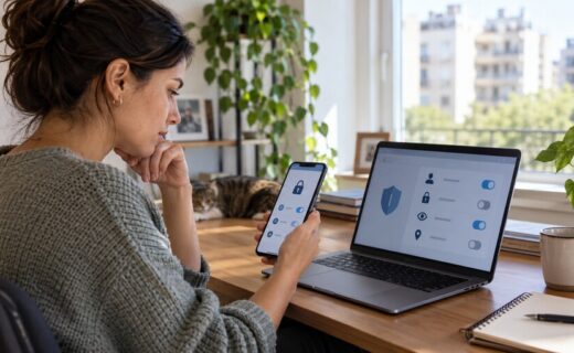 Mujer revisando controles de privacidad y seguridad digital desde una computadora portátil y un teléfono celular.
