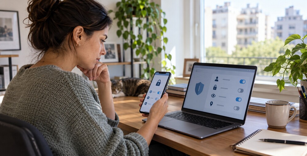 Mujer revisando controles de privacidad y seguridad digital desde una computadora portátil y un teléfono celular.