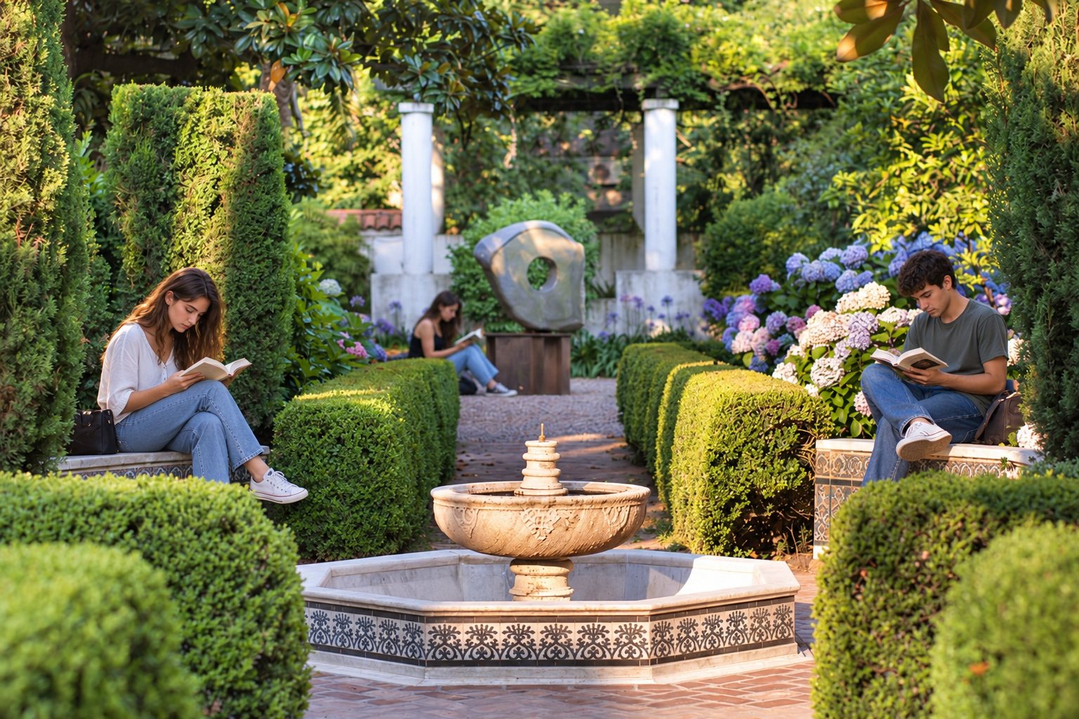Tres jóvenes leen en el Jardín Andaluz del Museo Larreta, junto a una fuente rodeada de vegetación.