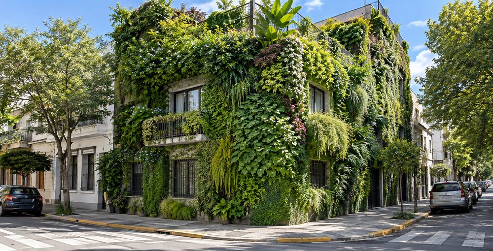 Las esquinas porteñas incorporan jardines verticales que aportan vegetación, color, biodiversidad y beneficios ambientales al paisaje urbano de Buenos Aires.