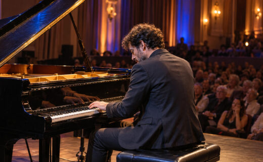Pianista de jazz interpretando música en un piano de cola ante el público durante un concierto de Jazzología en Buenos Aires.