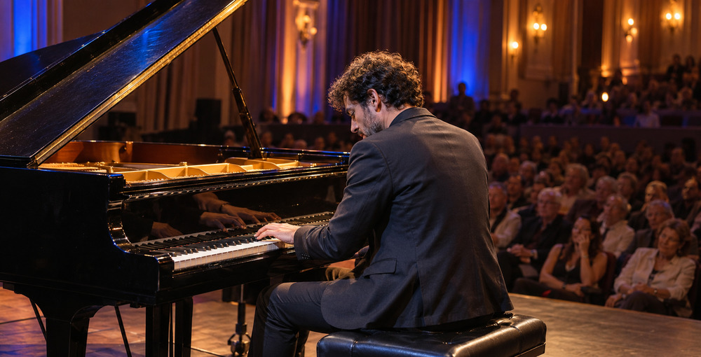 Pianista de jazz interpretando música en un piano de cola ante el público durante un concierto de Jazzología en Buenos Aires.