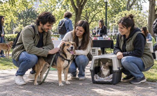 Perro y gato acompañados por voluntarios y vecinos durante una jornada de adopción responsable en una plaza de Recoleta.