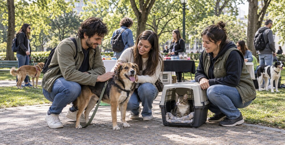 Perro y gato acompañados por voluntarios y vecinos durante una jornada de adopción responsable en una plaza de Recoleta.