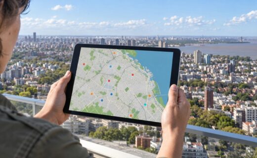Persona consulta en una tablet un mapa digital del Área Metropolitana de Buenos Aires con la extensión urbana hasta el tercer cordón.