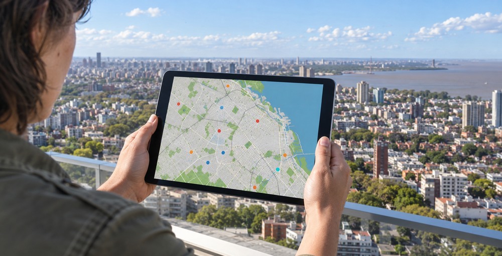 Persona consulta en una tablet un mapa digital del Área Metropolitana de Buenos Aires con la extensión urbana hasta el tercer cordón.