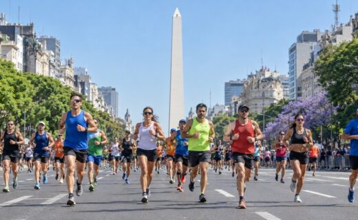 Corredores de la Maratón Internacional de Buenos Aires avanzan por la avenida 9 de Julio con el Obelisco de fondo.
