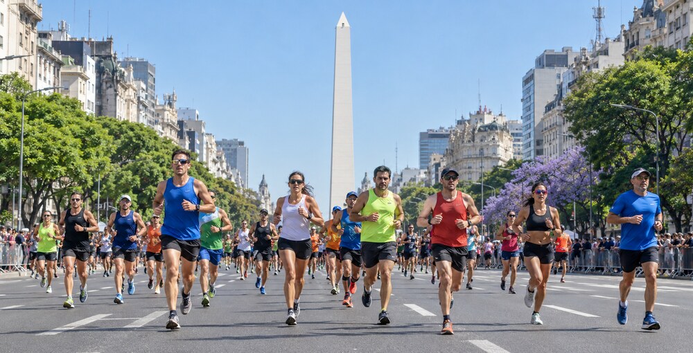 Corredores de la Maratón Internacional de Buenos Aires avanzan por la avenida 9 de Julio con el Obelisco de fondo.