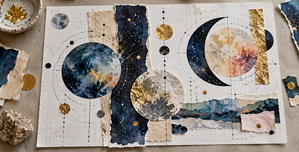 Composición editorial de collages y acuarelas de temática cósmica sobre papel cuadriculado, creada para ilustrar la nota sobre la muestra Mensajes Cósmicos en la Legislatura porteña.